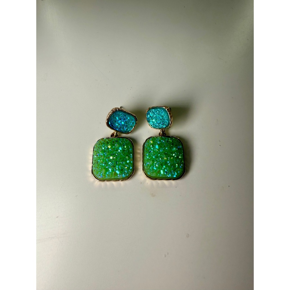 Green Blue Faux Druzy Square Drop Earrings Gold Tone Statement Jewelry